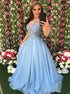 A Line V Neck Beadings Lace Tulle Prom Dress LBQ2846